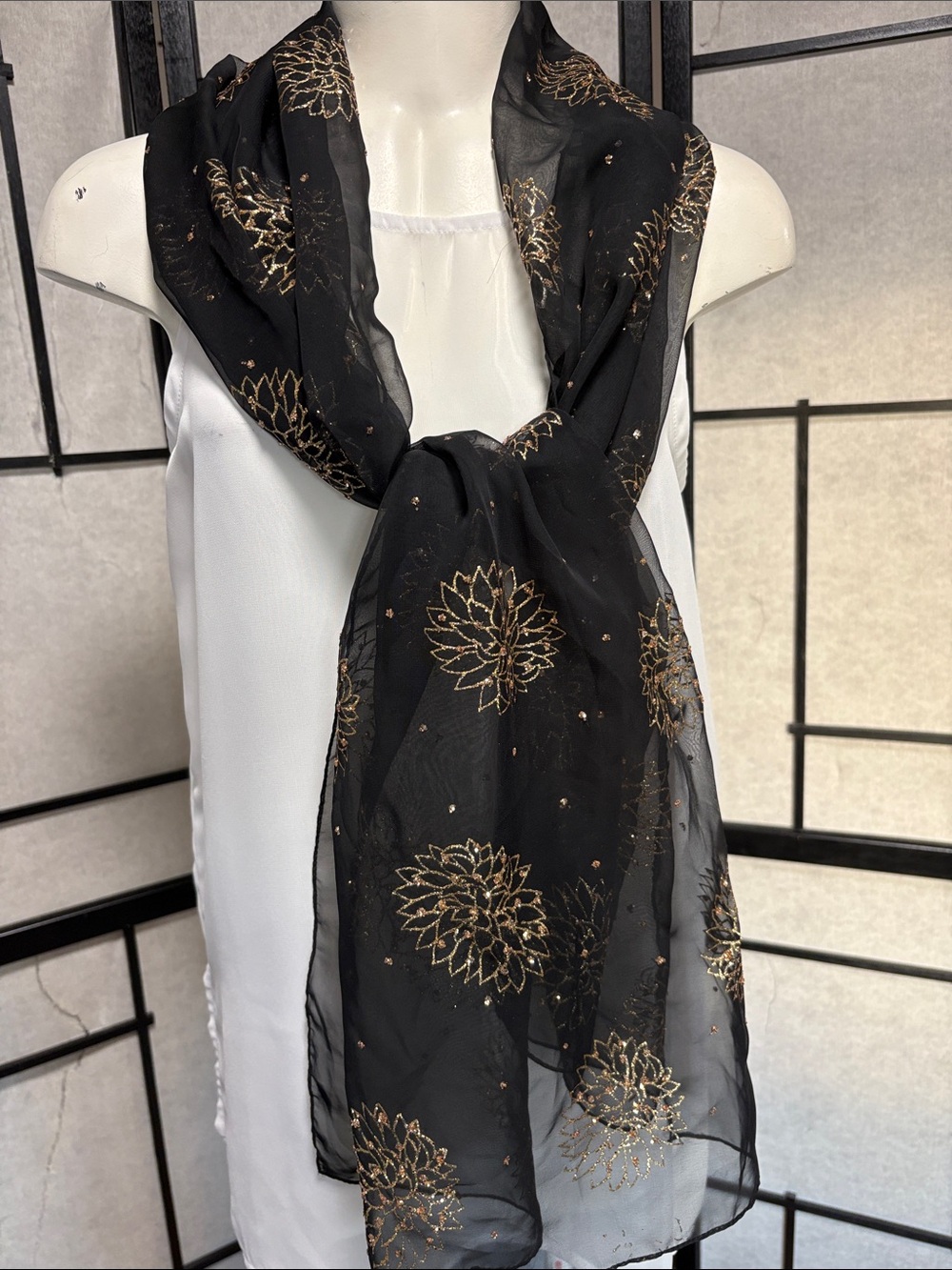 Elegant, Classy Black Sheer Scarf with Gold Floral Embroidery